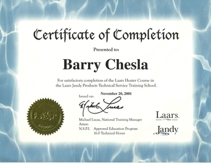 certificate of completion course in fixing laars jandy pool and spa heaters